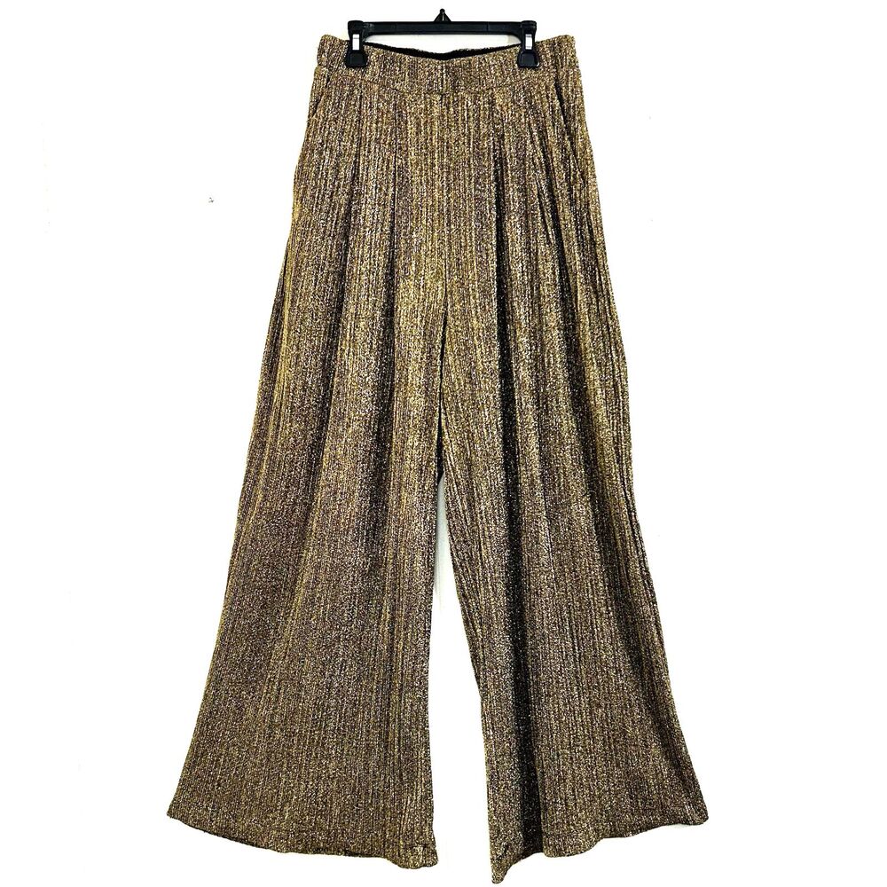H&M Pants Sequins Gold Wide Leg Party Pants Size 6 Pull On Elastic Waist Pants